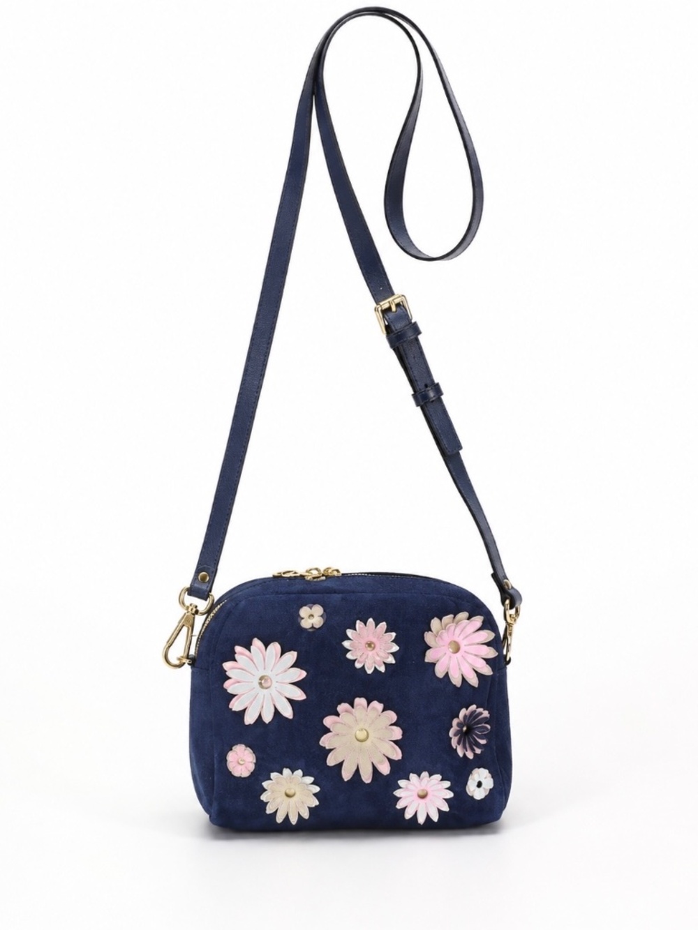 Isaac Mizrahi IMNYC Blue Suede Crossbody w pink, cream Leather Flowers appliqué